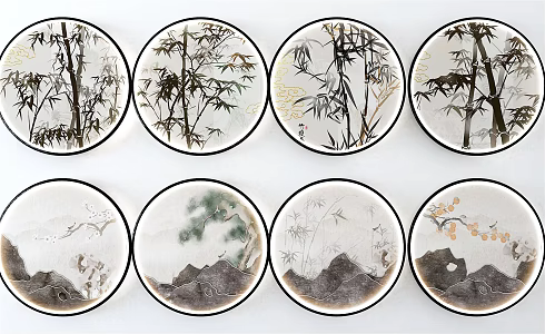 New Chinese Style Round Frame Painting Hanging Painting 3d model