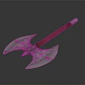 Double Edged Battle Axe With Ornate Metal Blade And Brown Wooden Handle