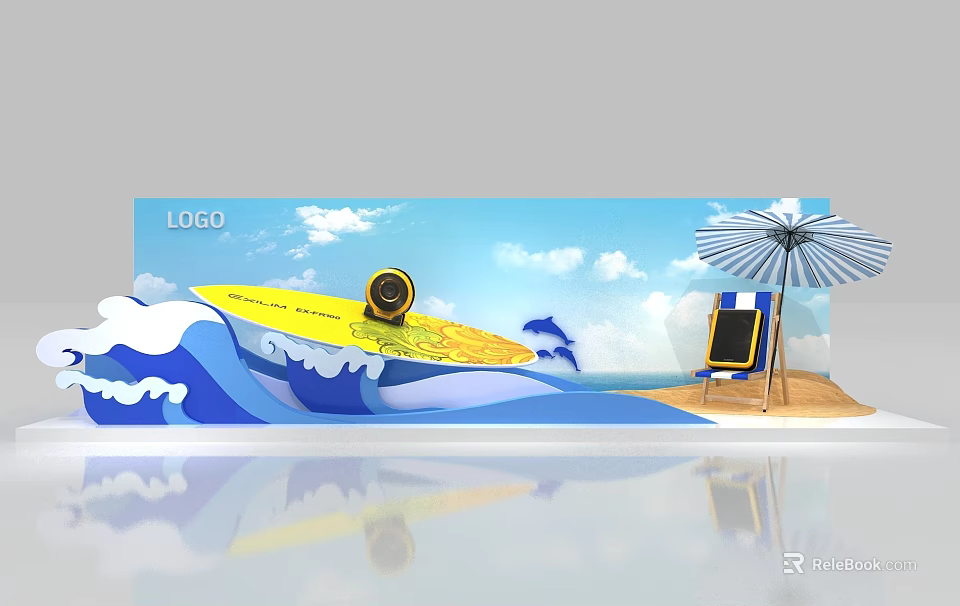 Summer Themed Window Display with Yellow Surfboard Dolphin Ocean Waves Beach Sand Umbrella Chalkboard Sign 3d model 