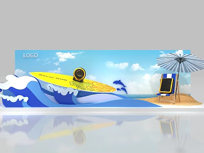 Summer Themed Window Display with Yellow Surfboard Dolphin Ocean Waves Beach Sand Umbrella Chalkboard Sign 3d model