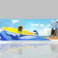 Summer Themed Window Display with Yellow Surfboard Dolphin Ocean Waves Beach Sand Umbrella Chalkboard Sign