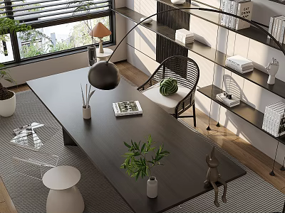 Modern Home Office Desk With Arc Floor Lamp Green Plant Rattan Chair And Floating Shelves 3d model