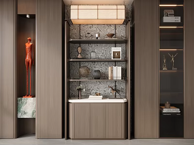 Modern Wooden Bookcase With Display Shelves Decorative Items Books And Ambient Lighting 3d model