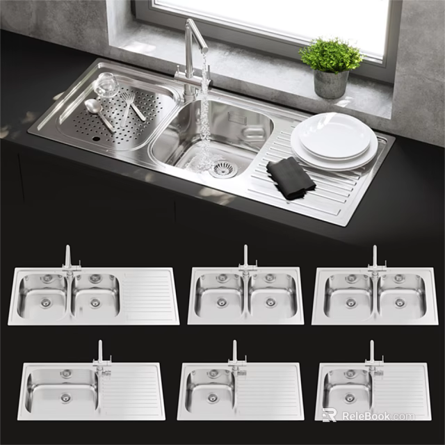 Stainless Steel Double Bowl Kitchen Sink With Faucet And Drainer In Modern Kitchen Design 3d model 