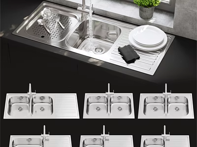 Stainless Steel Double Bowl Kitchen Sink With Faucet And Drainer In Modern Kitchen Design 3d model