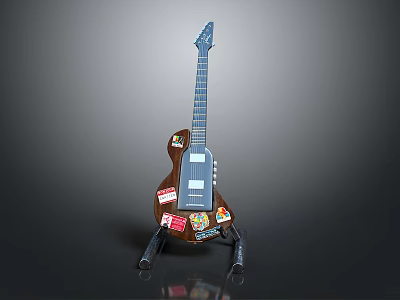 Stylish Guitar With Colorful Stickers On Brown Body And Black Stand 3d model