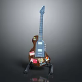 Stylish Guitar With Colorful Stickers On Brown Body And Black Stand