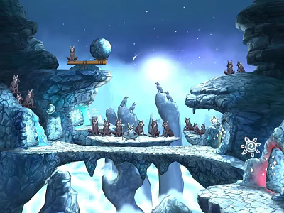 Magical Ice Cliff Scene With Starry Sky Small Creatures Bridge And Glowing Moon 3d model