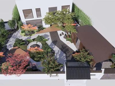 Traditional Garden Landscape Design With Colorful Trees Pathway And Seating Area 3d model
