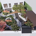Traditional Garden Landscape Design With Colorful Trees Pathway And Seating Area