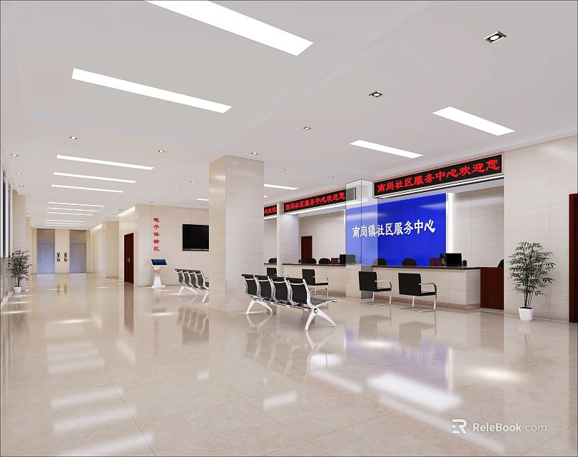 Spacious Bright Service Hall Interior With White Ceiling Lights Reception Desk Waiting Chairs And Blue Screens 3d model 