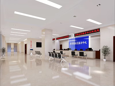 Spacious Bright Service Hall Interior With White Ceiling Lights Reception Desk Waiting Chairs And Blue Screens 3d model