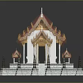 Ornate Traditional Thai Temple Architecture With Red Green Yellow Roof White Walls And Spires