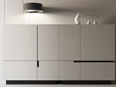 Modern White Console Cabinet With Multiple Doors Black Hanging Lamp And Top Decorative Items 3d model