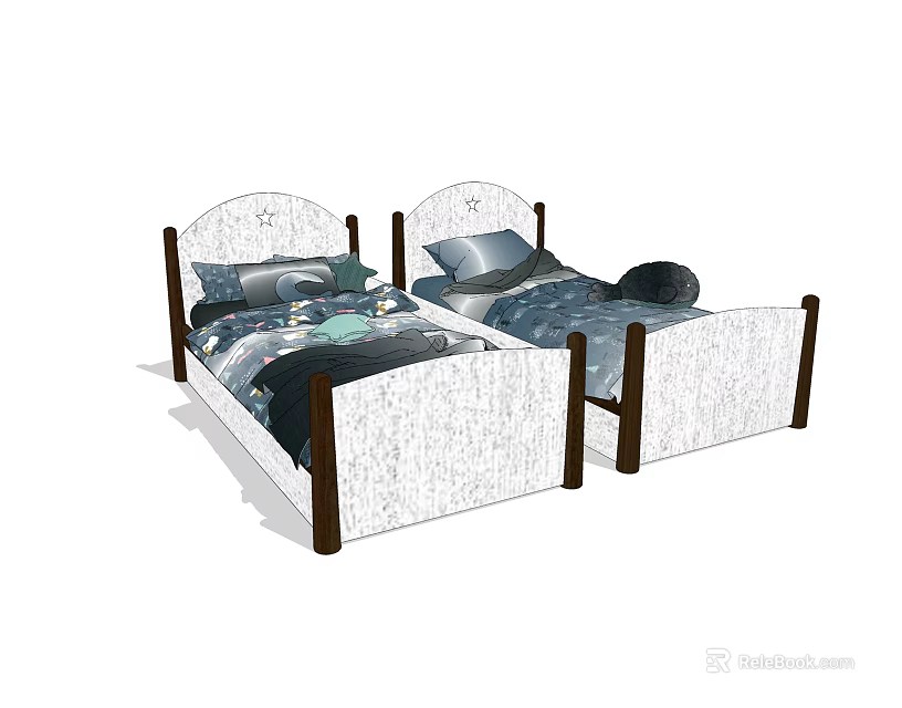 Twin Kids Beds With Wooden Frames And Soft Bedding Sets 3d model