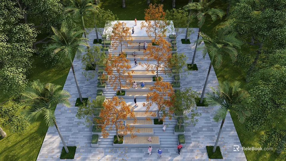 Outdoor Landscaped Staircase With Palm Trees And Orange Leaf Trees People Walking On Steps 3d model 