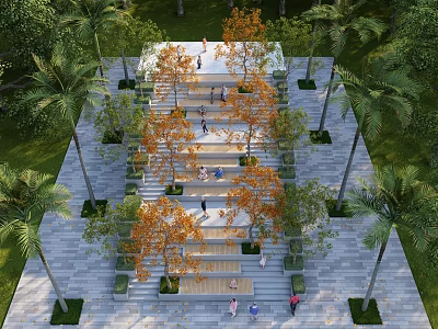 Outdoor Landscaped Staircase With Palm Trees And Orange Leaf Trees People Walking On Steps 3d model
