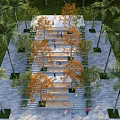 Outdoor Landscaped Staircase With Palm Trees And Orange Leaf Trees People Walking On Steps