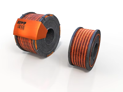 Orange And Black Cable Spools With Sharp Label On White Background 3d model