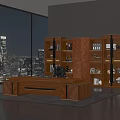 Modern Wooden Executive Office Desk With Bookshelves Decorative Items And City Night View