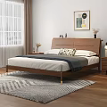 Modern Double Bed with Wooden Headboard Decorative Painting Nightstands Table Lamp Pillows on Wooden Floor