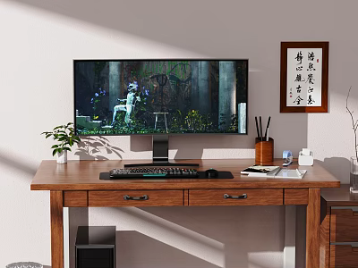 Modern Computer Workstation With Large Monitor Keyboard Mouse Plants On Wooden Desk Setup 3d model