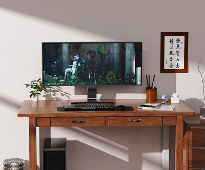 Modern Computer Workstation With Large Monitor Keyboard Mouse Plants On Wooden Desk Setup 3d model