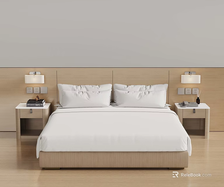 Modern Bedroom Interior With White Bed Pillows Wooden Headboard And Nightstand Lamps 3d model 