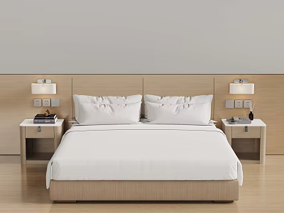 Modern Bedroom Interior With White Bed Pillows Wooden Headboard And Nightstand Lamps 3d model