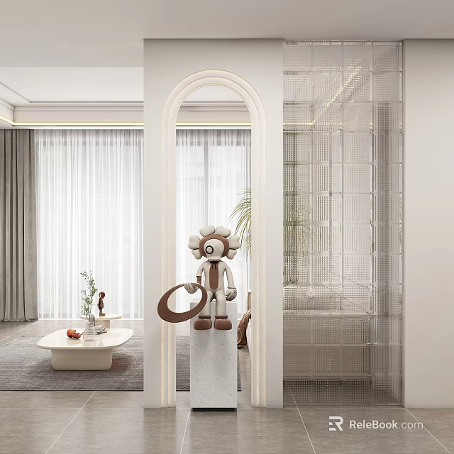 Stylish Entryway Hallway Design With Arch Mirror Decorative Figurine And Potted Plant 3d model 