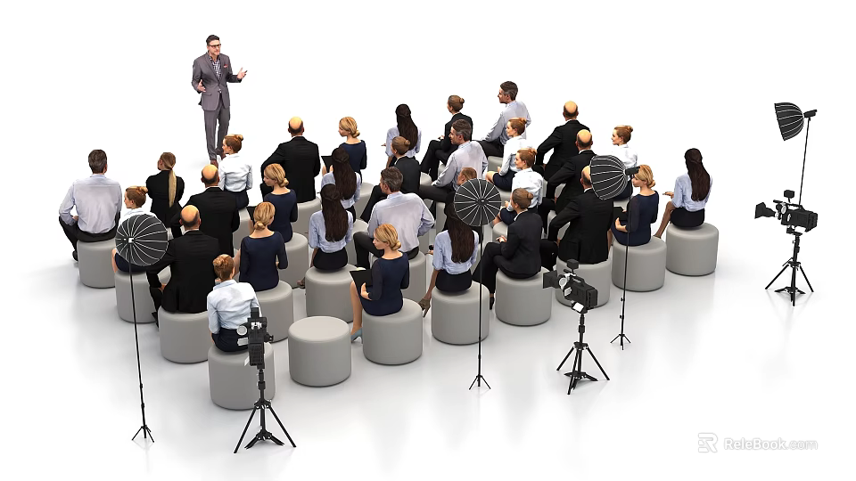Interactive Area With Speaker Addressing Audience On Round Seats And Camera Equipment 3d model 