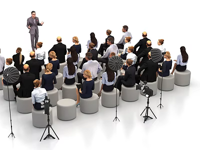 Interactive Area With Speaker Addressing Audience On Round Seats And Camera Equipment 3d model