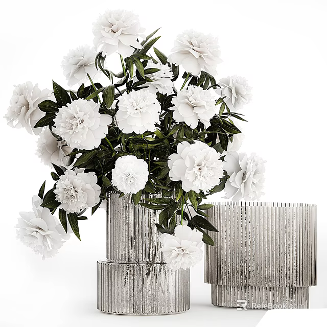 Elegant White Peony Flower Arrangement In Silver Textured Vase With Green Foliage 3d model 