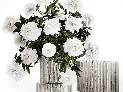 Elegant White Peony Flower Arrangement In Silver Textured Vase With Green Foliage 3d model