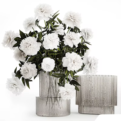 Elegant White Peony Flower Arrangement In Silver Textured Vase With Green Foliage 3d model