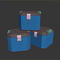 Three Blue Storage Boxes With Gray Lids And Red Labels On Reflective Surface