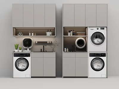 Modern Bathroom Cabinetry with Gray Cabinets Shelves Washing Machine Sink and Plants 3d model