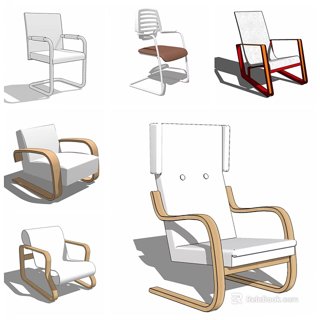 Modern Lounge Chairs With Wooden Frame And White Cushion In Various Designs 3d model 