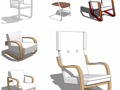 Modern Lounge Chairs With Wooden Frame And White Cushion In Various Designs 3d model