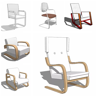 Modern Lounge Chairs With Wooden Frame And White Cushion In Various Designs 3d model