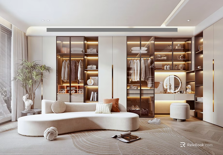 Modern Walk In Closet Interior With Sofa And Glass Cabinets 3d model 