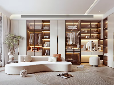 Modern Walk In Closet Interior With Sofa And Glass Cabinets 3d model