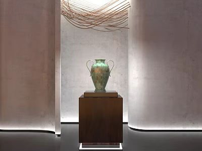Ceramic Vessel Display On Wooden Stand With Gray Walls And Decorative Lines In Gallery 3d model