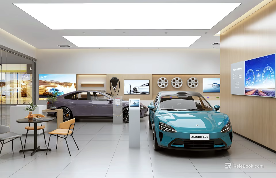 Modern Car Showroom Interior Featuring Blue Purple Vehicles Wheel Exhibits And Digital Screens 3d model 