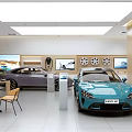 Modern Car Showroom Interior Featuring Blue Purple Vehicles Wheel Exhibits And Digital Screens