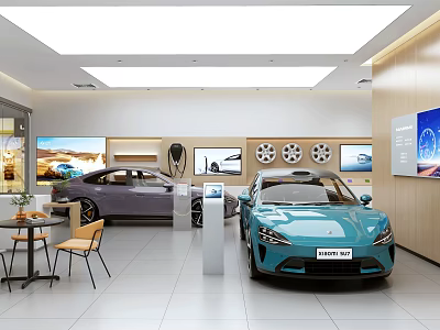 Modern Car Showroom Interior Featuring Blue Purple Vehicles Wheel Exhibits And Digital Screens 3d model