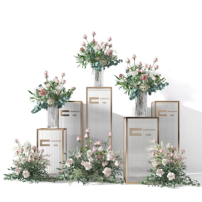 Elegant Floral Art Display With Pink Flowers Green Foliage And Gold Accent Pedestals 3d model