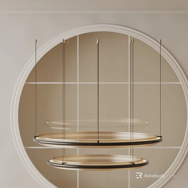 Modern Two Tier Gold Perforated Circular Chandelier Hanging In Living Room Interior 3d model 