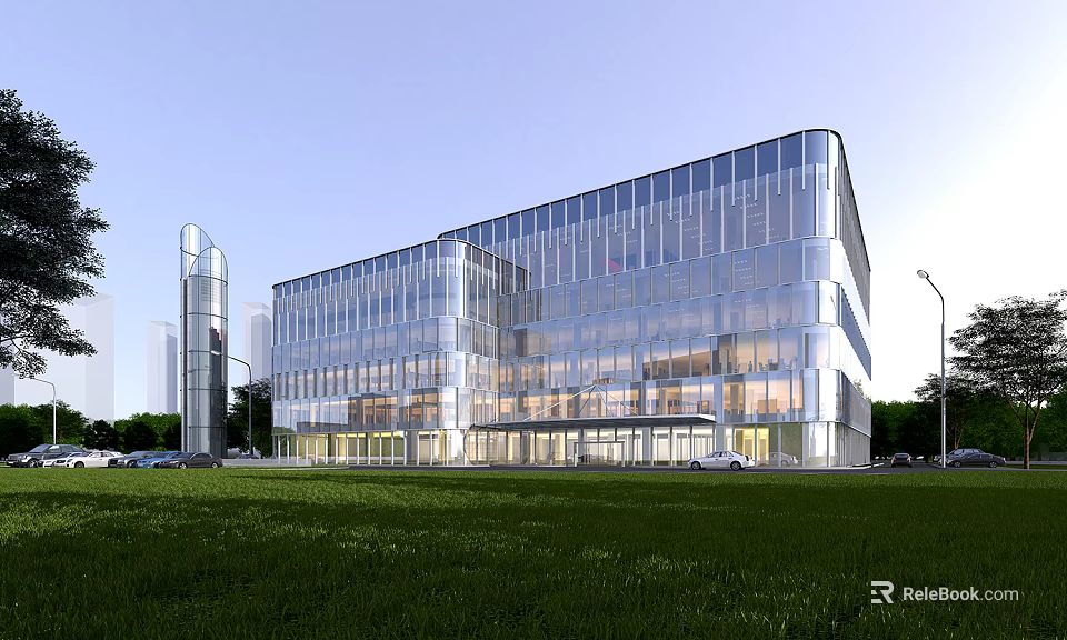 Modern Office Building Exterior With Glass Curtain Wall Front Lawn And Vehicles 3d model 