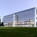 Modern Office Building Exterior With Glass Curtain Wall Front Lawn And Vehicles